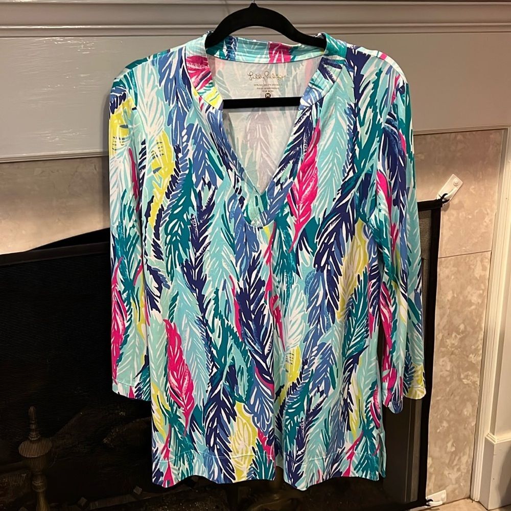 Lilly Putlizer Jersey Tunic Rainbow Feathers Small Colorful Casual Comfy Preppy - Picture 2 of 6
